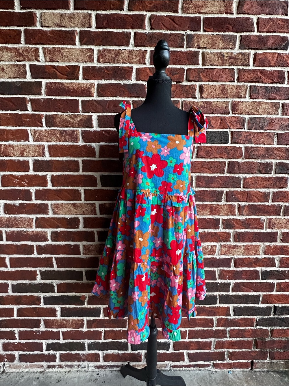 entro Teal Floral Tie-Shoulder Mini Dress with Red & Orange Blooms